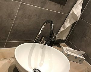 Stijlvolle wastafel in de badkamer van Vakantiehuisje in Streefkerk, Alblasserwaard.