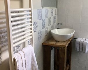 Stijlvolle badkamer in Huisje in Stolwijk, vakantieaccommodatie in Zuid-Holland met moderne faciliteiten.