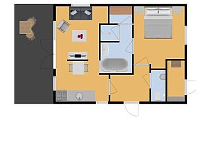 Plattegrond van Bungalow Zierikzee, Ouddorp. Praktische indeling met moderne faciliteiten in Zuid-Holland.