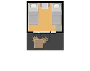 Der Plan der Campinghtte 't Gorsje zeigt die praktische Aufteilung mit zwei Betten und einer gemtlichen Sitzecke.