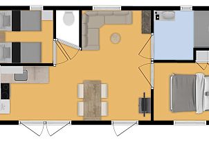 Floor plan of Mobil home Strandloper in Ouddorp, Goeree-Overflakkee, shows layout and division of space.