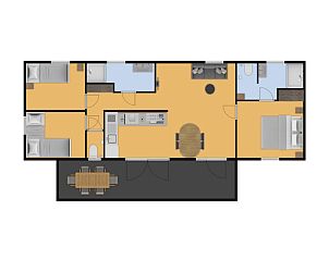 Floor plan of Mobil home Grevelingen, Ouddorp, South Holland, shows the layout of this comfortable mobile home.