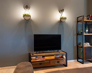 Gezellige zithoek in ZH415 vakantiehuis, Ouddorp, Zuid-Holland met televisie en wanddecoratie.