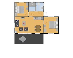 Plattegrond van Bungalow Goeree, Ouddorp. Overzichtelijk vakantiehuis op Goeree-Overflakkee, Zuid-Holland.