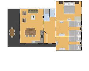 Floor plan of Bungalow Brouwersdam, Ouddorp, shows spacious layout and modern facilities in Goeree-Overflakkee, South Holland.